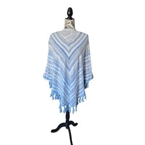 Cotton Country Blue White Tassel Poncho One Size Coastal Bohemian chic